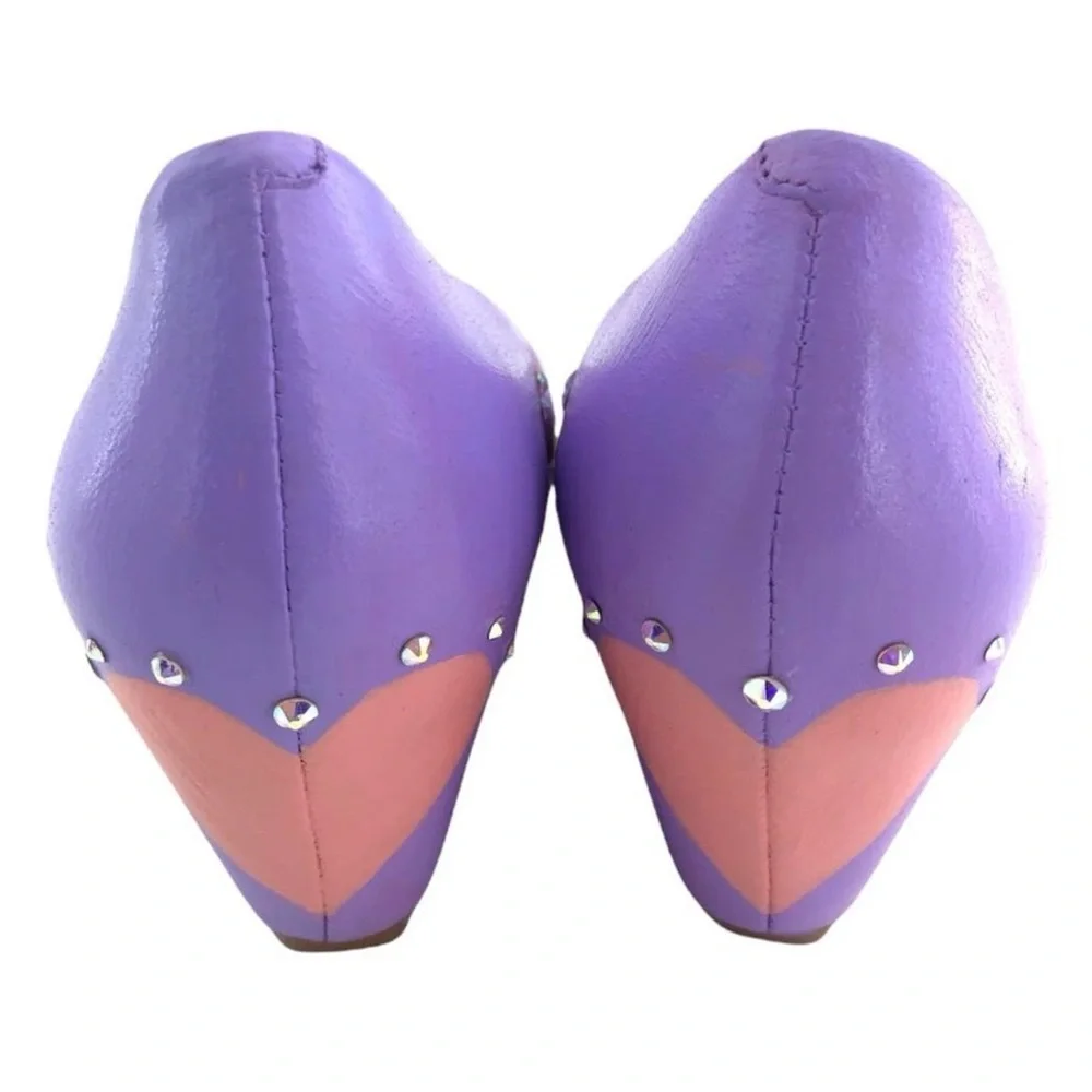 Custom Open Toe Lavender Wedges. Hand painted Hearts and Crystals